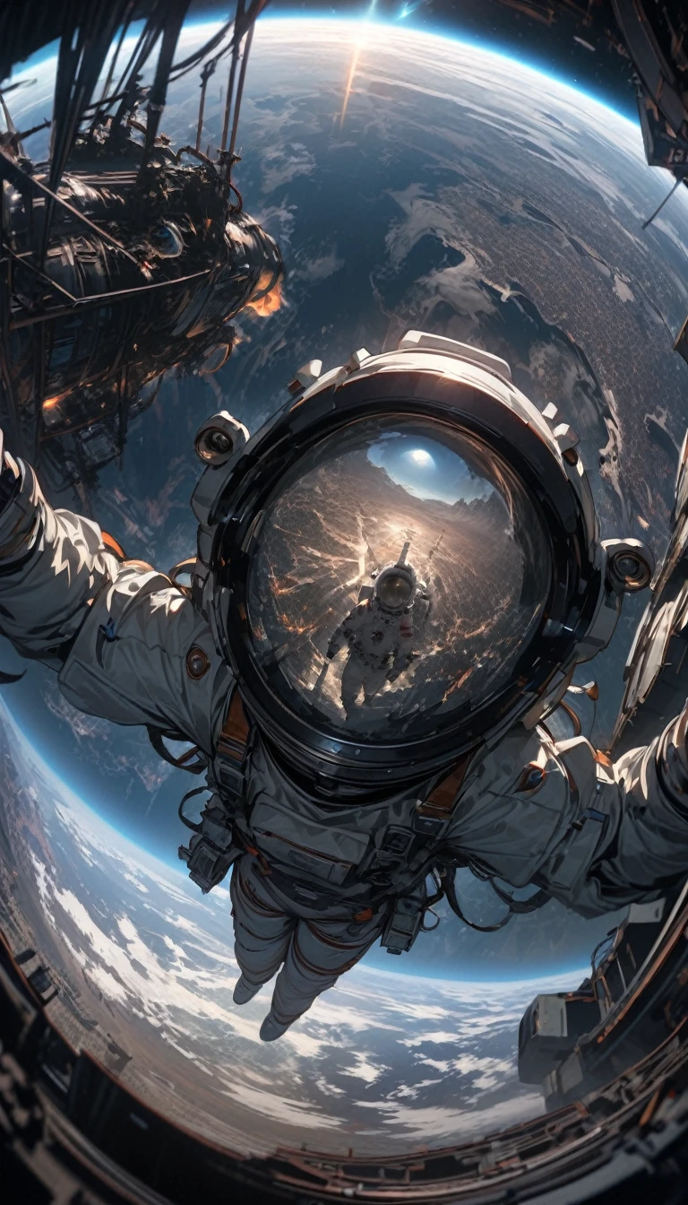 Ultra-wide angle viewing angle,Satellite view,woman,Astronauts suspended in space,lunar backdrop, Stereoscopic perspective, masterpiece, Facial details, very good, 16k resolution, high quality, light, High Detail, Dynamic perspective, detailed, Epic imagery,Shocking scene