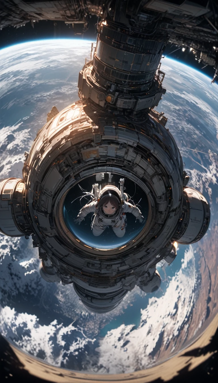 Ultra-wide angle viewing angle,Satellite view,woman,Astronauts suspended in space,lunar backdrop, Stereoscopic perspective, masterpiece, Facial details, very good, 16k resolution, high quality, light, High Detail, Dynamic perspective, detailed, Epic imagery,Shocking scene