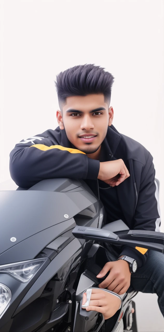 Capture a head and shoulder studio portrait of a 25-year-old young man from Indian ethnicity with a serious expression, wearing a short and spiky hairstyle, dressed in a casual outfit, standing in a relaxed pose, against a dark grey background, lit by two lights - a key light with a softbox and a hair light to highlight his hair, using a 50mm prime lens on a full-frame mirrorless camera, 4K, analog style, modelshoot style, (photo-realistic), ultra realistic, photography, real photo, (realistic skin texture), (skin pores), (sharp focus), (film grain), high-res, hyper-realistic, (insanely detailed), intricate detailed, masterpiece, (clear facial features)