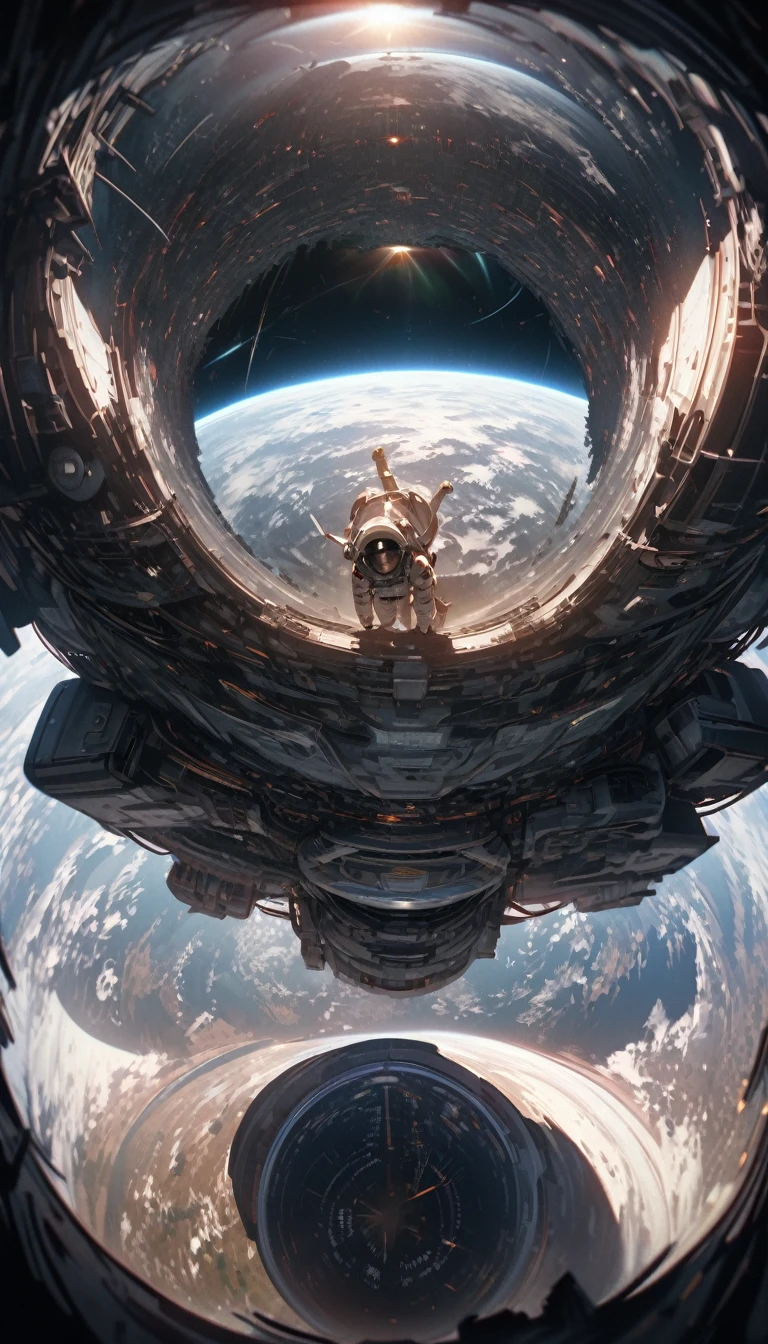 Ultra-wide angle viewing angle，Satellite view，woman，Astronauts suspended in space，lunar backdrop， Stereoscopic perspective, masterpiece, Facial details, very good, 16k resolution, high quality, light, High Detail, Dynamic perspective, detailed, Epic imagery，Shocking scene