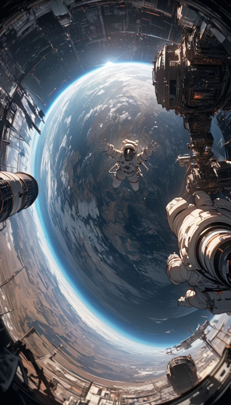 Ultra-wide angle viewing angle，Satellite view，woman，Astronauts suspended in space，lunar backdrop， Stereoscopic perspective, masterpiece, Facial details, very good, 16k resolution, high quality, light, High Detail, Dynamic perspective, detailed, Epic imagery，Shocking scene