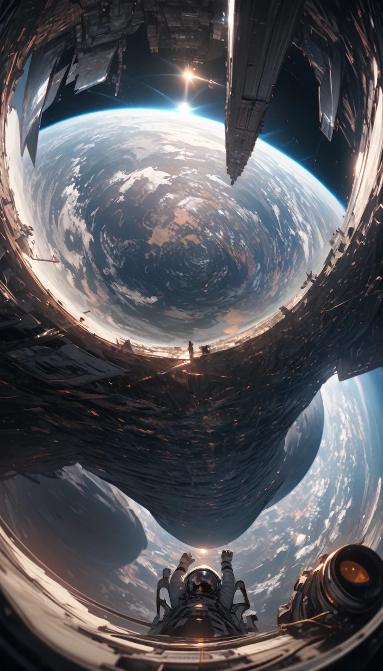 Ultra-wide angle viewing angle,Satellite view,woman,Astronauts suspended in space,lunar backdrop, Stereoscopic perspective, masterpiece, Facial details, very good, 16k resolution, high quality, light, High Detail, Dynamic perspective, detailed, Epic imagery,Shocking scene