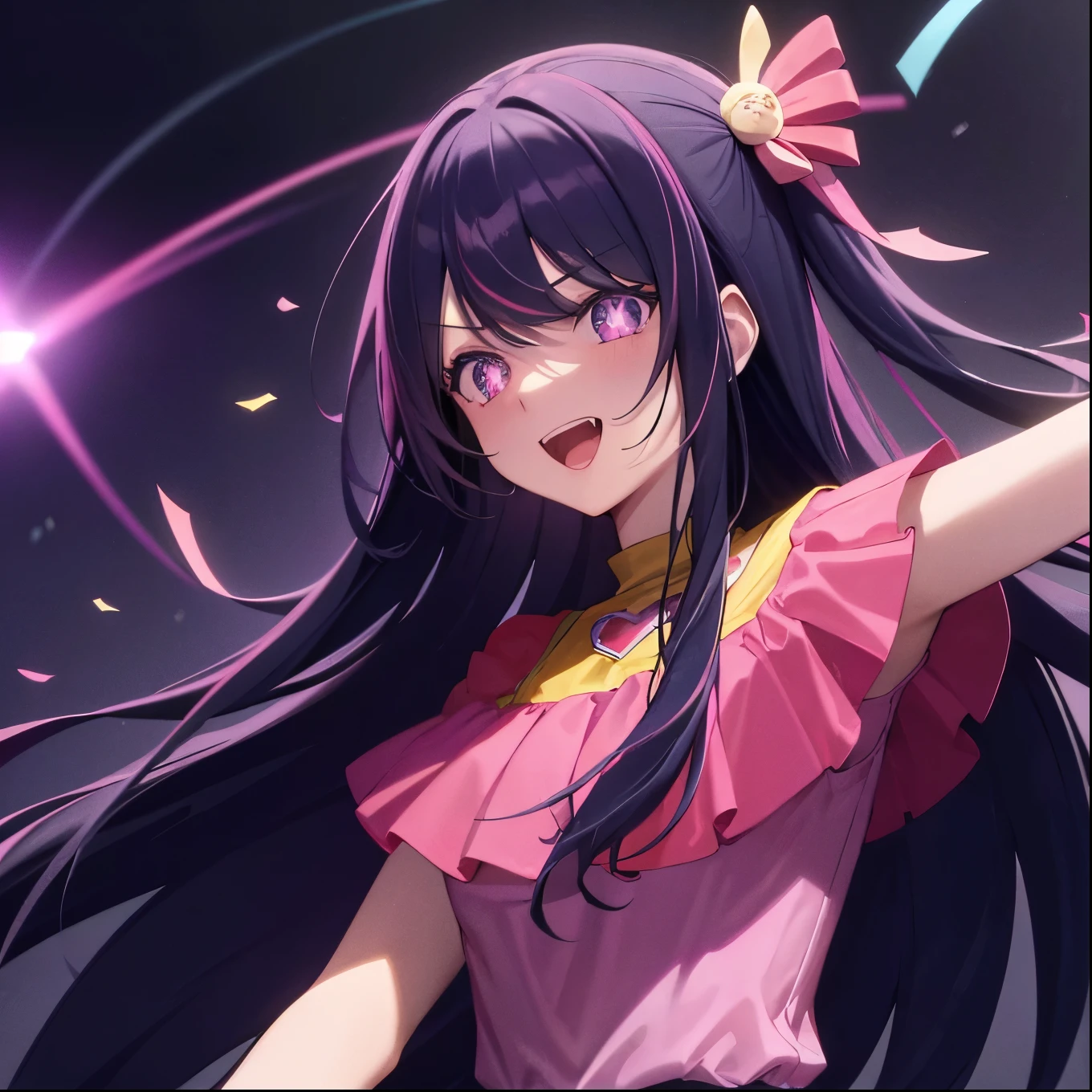 (masterpiece:1.3), (best quality:1.2), (8k, ultra detailed, ultra high res:1.3), ((anime style)), (perfect 5 fingers:1.1), perfect anatomy, (confetti:1.2),
1girl,
Hoshino Ai
BREAK long hair,
black hair, purple eyes, star-shaped pupils,
medium breasts,
(star dress, pink dress, yellow collar, pink gloves, pink thigh boots),
open mouth, happy, Waving gesture,
looking at viewer,
BREAK upper body,
stage, concert, stage lights, audience, light particles, (neon:1.2),