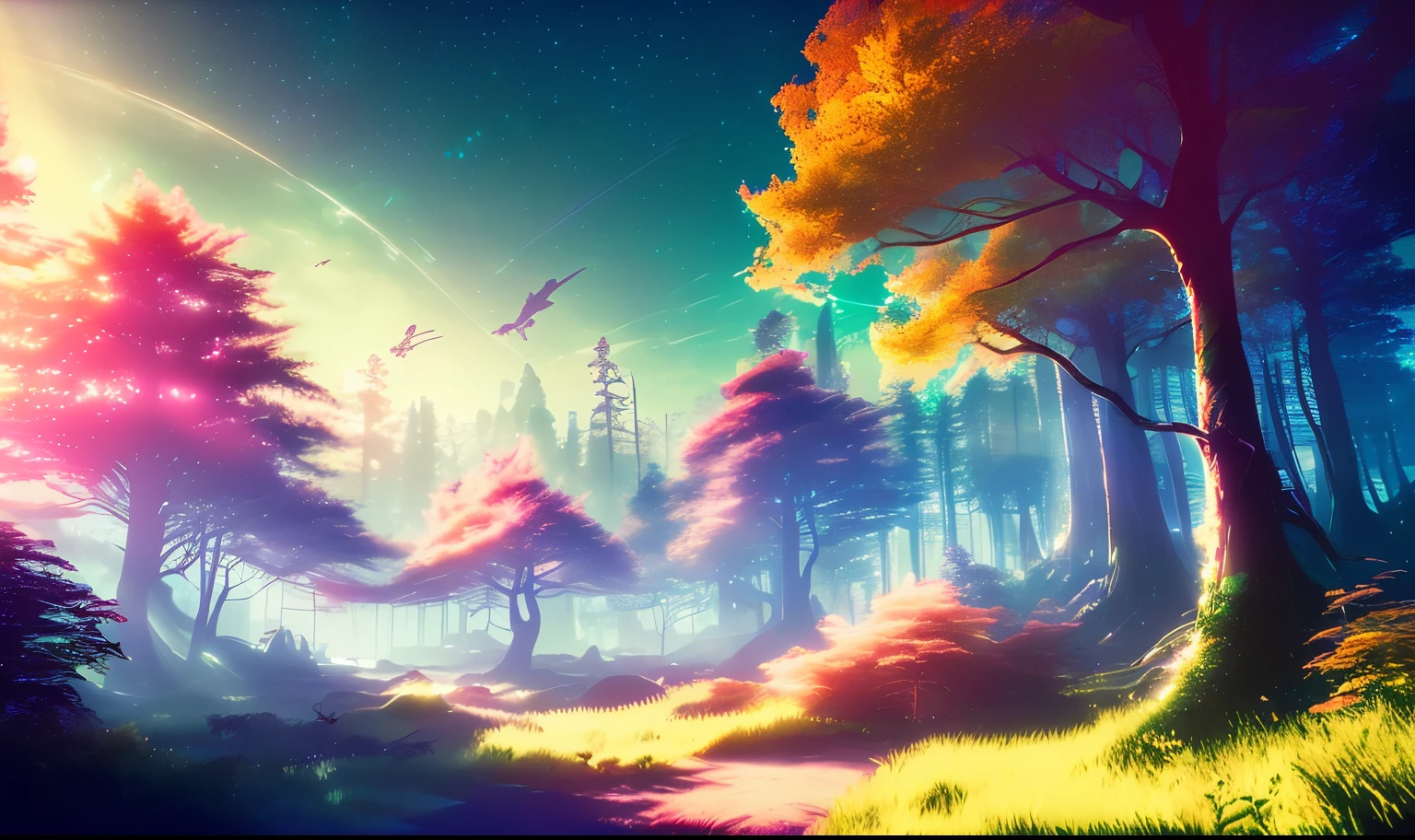 Gorgeous Enchanted Forest, Sunset, Spectacular, Breathtaking, Gorgeous, Beautiful, (Lndskp style) and (Redshift style:1.2) and (NVINKPUNK: 1.2)