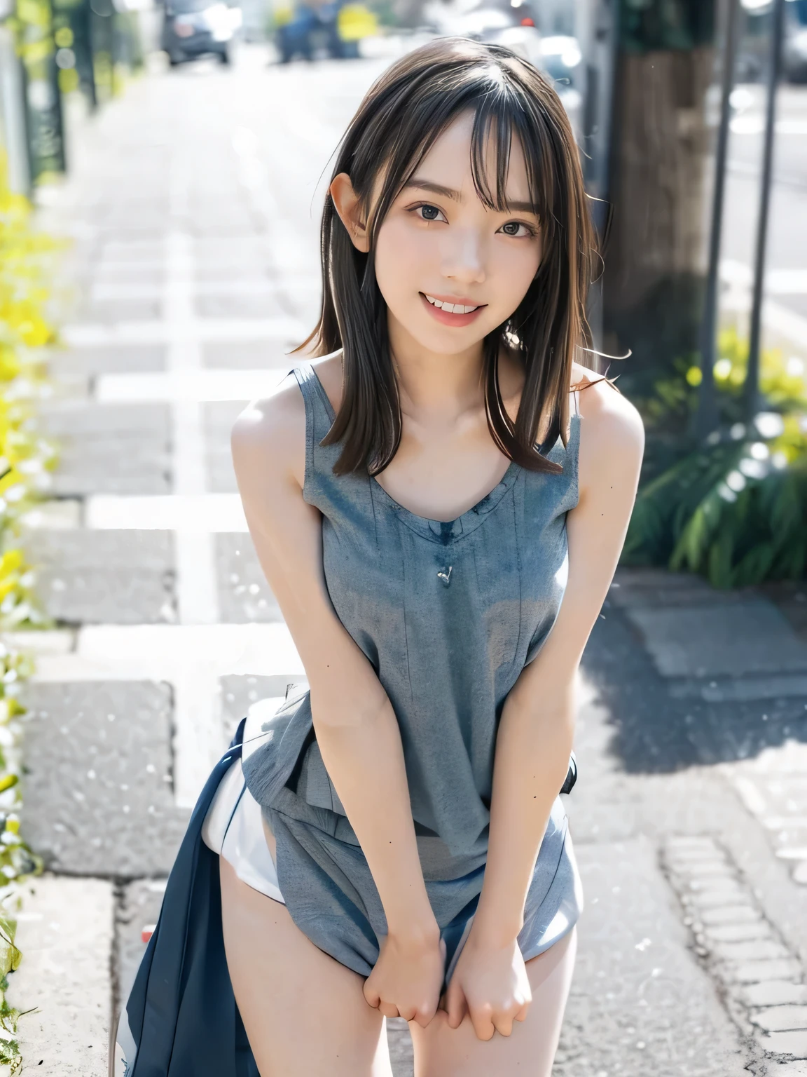 1girl, woman, girl in summer clothes, beautiful, medium breasts, flirtatious look, high res, ((tanktop jersey:1.78)), (1girl eyes looking at viewer:1.55), camisole, Plain costumes, Simple Background, Emphasis on the chest, White outfit, whole body, cute face, beautiful face, nipple, light smile, (skirt lift:1.2), skirt lift pov, constricted waist, blush, shy, panties, underwear, 25 years old woman, skirt lift, flipped my skirt, photorealistic, (bokeh), photorealistic, depth of field, best quality, anatomically correct, super detail, textured skin, UHD, 8k