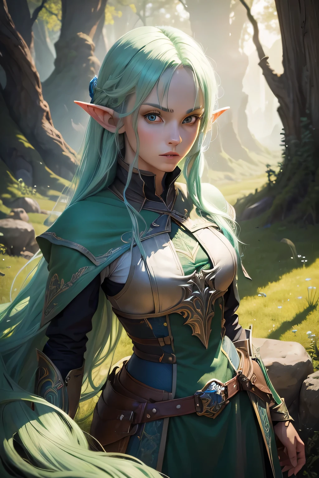 ((best qualityer)), ((work of art)), (detailded), 4K, hight contrast, work of art, 1 ranger elfo , long light green hair ,blue elven armor, blue colored eyes,in the background magnificent valley ,similar to the works of JRR Tolkien, clear lighting, detailed shadows 
