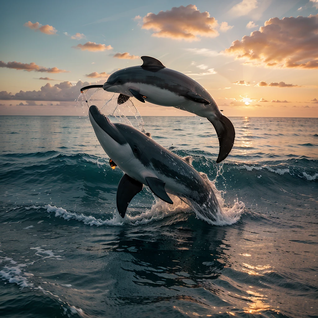 Create a sea with swimming dolphins against a sunset background