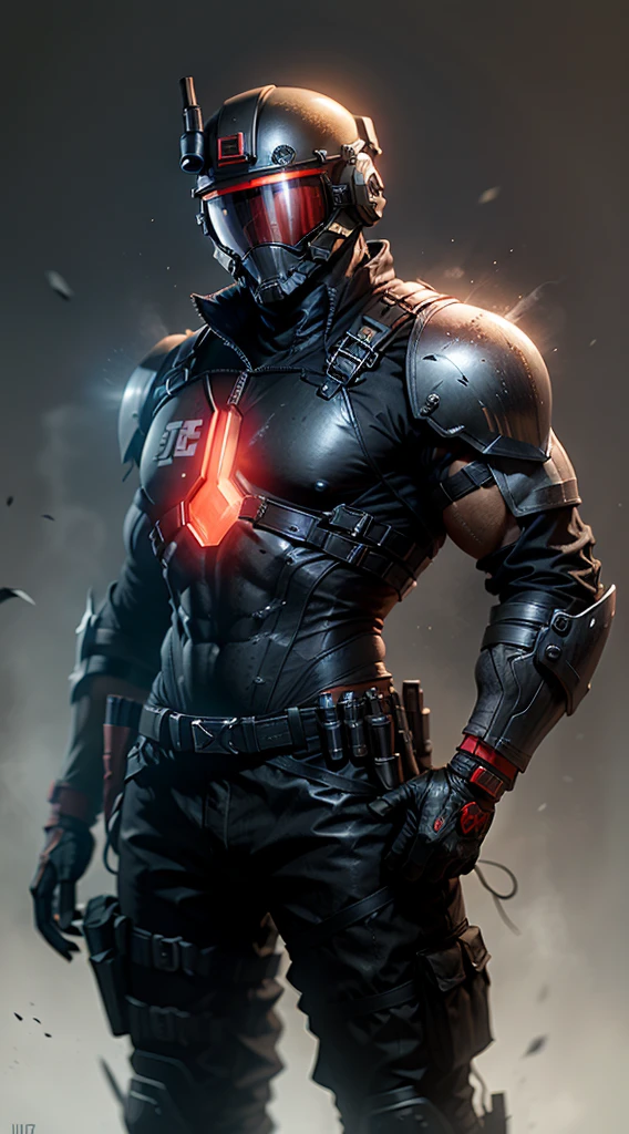 Sleek sci fi soldier with jet black armor and a glowing red visor on his helmet