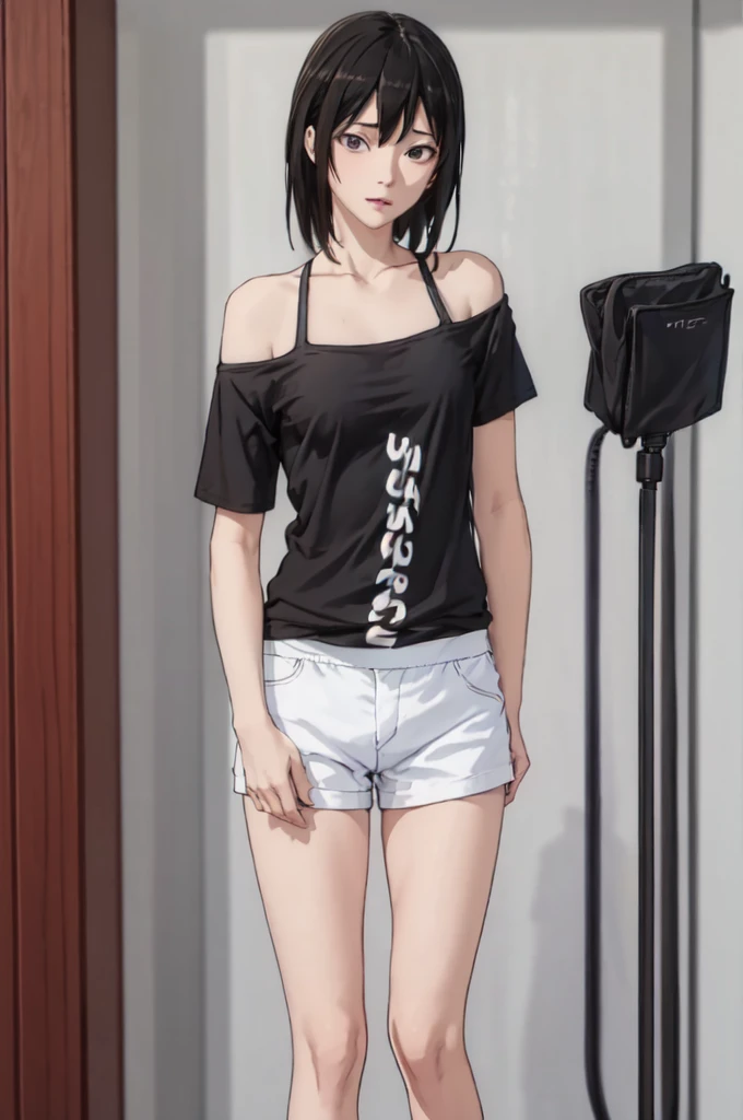 ((masterpiece, best quality)),((highres:1.2)), 1 Girl, solo, Cowboy Shot, Blurred Background, (((Small breasts))), Thighs, (Stripe underwear), ((sexy One Shoulder T-Shirts)), (((Fantastic Pose:1.2))), Off the shoulder,