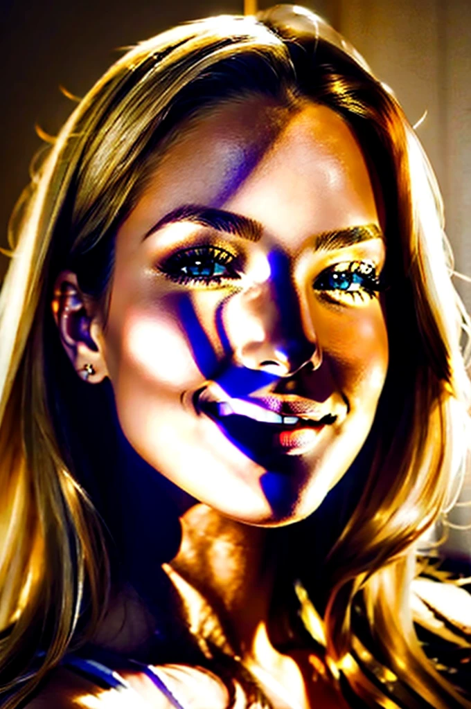 high resolution frontal photo portrait of a woman that has a radiant oval face with striking and captivating appearance, radiating elegance and charm. Her long, wavy blonde hair frames her face in an enchanting way, while her light brown eyes, reminiscent of honey, shine with intelligence and warmth. Her facial features are perfectly balanced, with an elegant nose and softly defined cheekbones. Her smile is radiant and contagious, lighting up the room whenever she enters. Her naturally full and rosy lips add a touch of seduction to her already captivating presence. Carolina meticulously cares for her appearance, maintaining flawless skin that radiates a healthy glow, with a golden undertone that enhances her natural beauty --style raw --ar 3:4