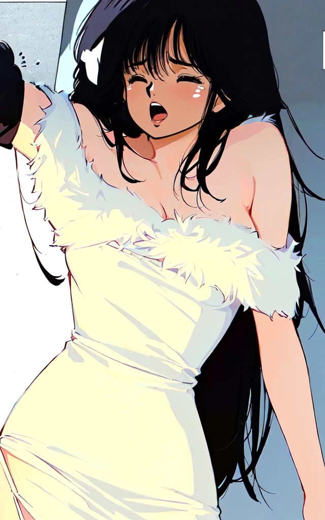Anime girl with black hair and closed eyes in a white dress, Touching her clothes, The fur covering her chest, Nico Robin, looking her shoulder, Ilya Kuvshinov with long hair, Revealing clothing, Inspired by Harumi Hironaka, Hands behind the back pose!, Nico in a white dress, Close up of intense gesture style, Upper body close-up