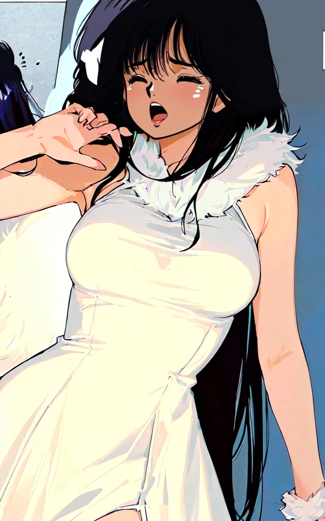 Anime girl with black hair and closed eyes in a white dress, Touching her clothes, The fur covering her chest, Nico Robin, looking her shoulder, Ilya Kuvshinov with long hair, Revealing clothing, Inspired by Harumi Hironaka, Hands behind the back pose!, Nico in a white dress, Close up of intense gesture style, Upper body close-up