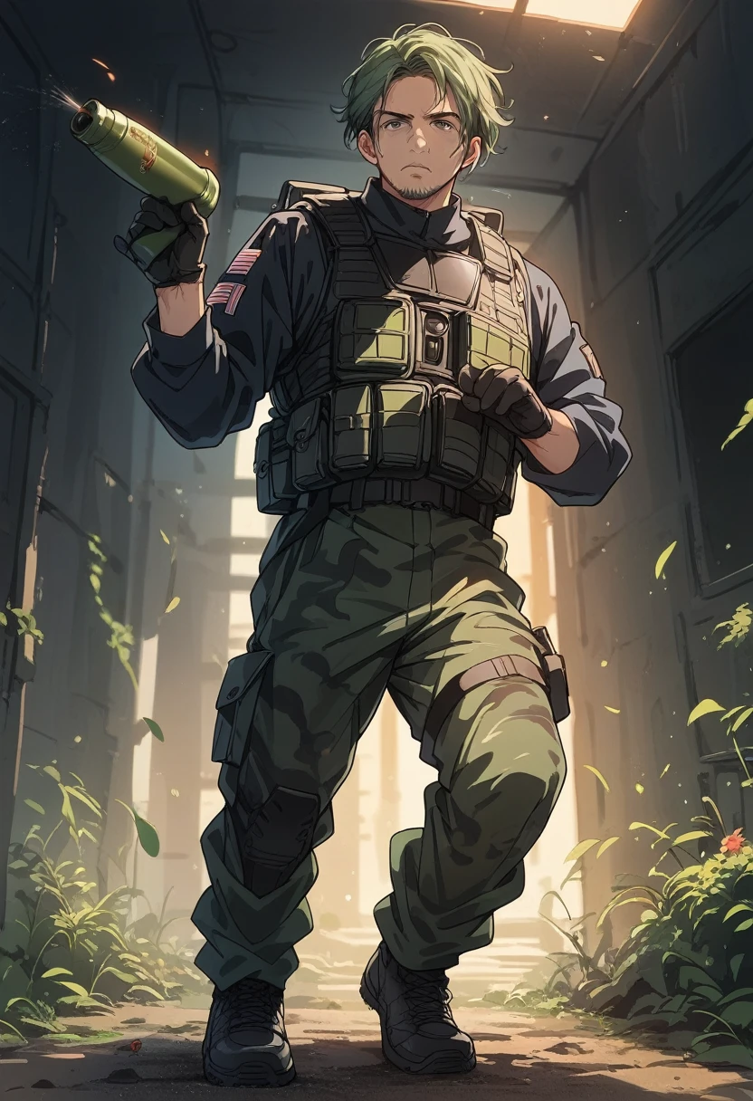 1 man, 25-year old, wearing green camouflage combat suit, (black bulletproof vest: 1.3), black half-gloves, (grenade belt: 1.3), (holding grenade:1.1), stunning, tall, bright hair, short haircut, (epic pose) , (full length:1.2), call of duty modern warfare