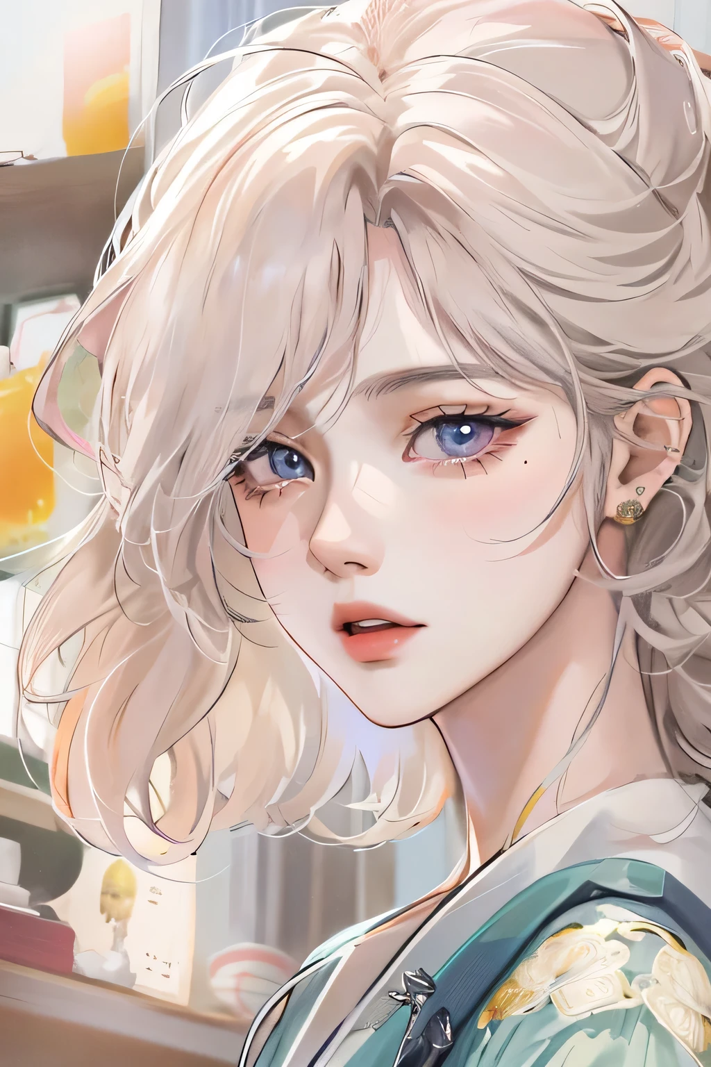 absurdity, masterpiece, Best quality, light colors, Korean webtoon girl with a pretty face , beautiful hair , drama character, anime eyes, semi-casual wear, фон masterpieceа, detailed background