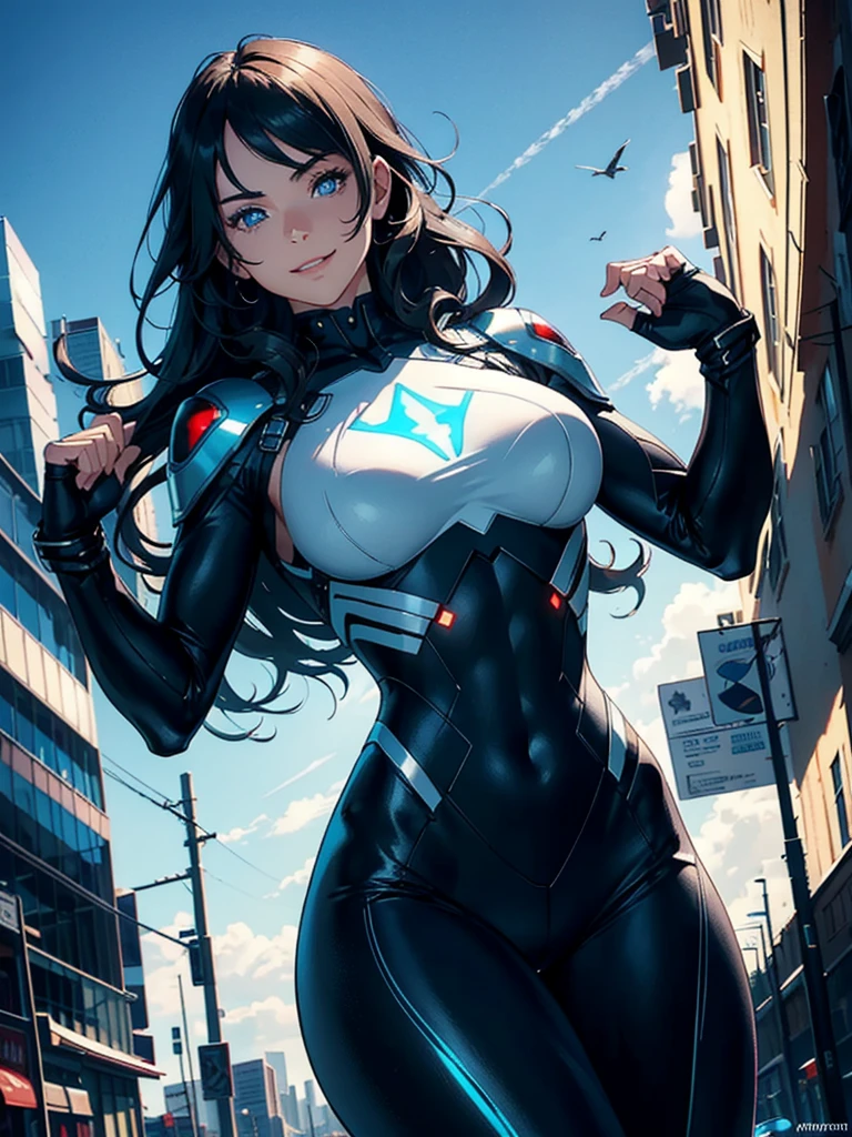 16K, HDR,UHD, RTX, ray tracing, chiaroscuro, best quality, masterpiece, ethereal, perfect illustration, digital artwork, trending on artstation, jaw-dropping perfection, ultra realistic, textured amazing lighting effects, perfect shadows, WLOP, 1girl, beautiful mature edgy woman in a cool long jacket and black pants, superhero suit, stomach covered by clothing, shoulder-length hair, shoulder-length hair, wavy hair, black hair, highly detailed glowing blue eyes, glowing eyes, blue eyes, beautiful glowy blue eyes, detailed eyes, beautiful face, perfect anatomy, broad shoulders, strong upper-body, modern city, city, beautiful weather, stunning sunshine, sunny, daylight, sunlight, modern, nature, daytime, superhero, uplifting, heroic, heroic pose, smiling, smiling at camera, athletic, hands near hips, glowy eyes, daytime, black and blue superhero suit, metal shoulder-pads, summertime, radiant sunlight, beautiful cityscape, hair blowing in wind, manly shoulders, big smile, wide smile, happy eyes, joyful, smiling with teeth, very tall, wide shoulders, tall