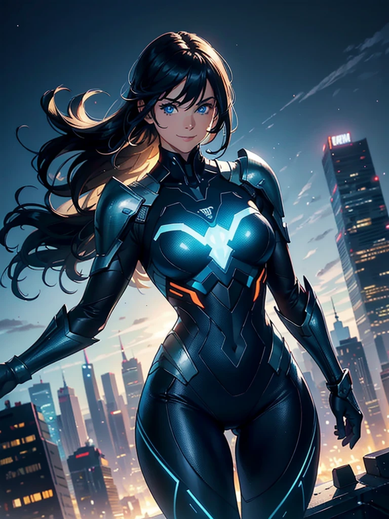16K, HDR,UHD, RTX, ray tracing, chiaroscuro, best quality, masterpiece, ethereal, perfect illustration, digital artwork, trending on artstation, jaw-dropping perfection, ultra realistic, textured amazing lighting effects, perfect shadows, WLOP, 1girl, beautiful mature edgy woman in a cool long jacket and black pants, superhero suit, stomach covered by clothing, shoulder-length hair, shoulder-length hair, wavy hair, black hair, highly detailed glowing blue eyes, glowing eyes, blue eyes, beautiful glowy blue eyes, detailed eyes, beautiful face, perfect anatomy, broad shoulders, strong upper-body, modern city, city, beautiful weather, stunning sunshine, sunny, daylight, sunlight, modern, nature, daytime, superhero, uplifting, heroic, heroic pose, smiling, smiling at camera, athletic, hands near hips, glowy eyes, daytime, black and blue superhero suit, metal shoulder-pads, summertime, radiant sunlight, beautiful cityscape, hair blowing in wind, manly shoulders, big smile, wide smile, happy eyes, joyful, smiling with teeth, very tall, wide shoulders, tall