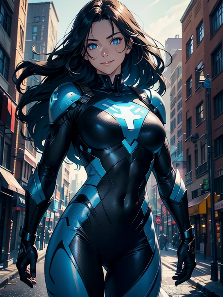 16K, HDR,UHD, RTX, ray tracing, chiaroscuro, best quality, masterpiece, ethereal, perfect illustration, digital artwork, trending on artstation, jaw-dropping perfection, ultra realistic, textured amazing lighting effects, perfect shadows, WLOP, 1girl, beautiful mature edgy woman in a cool long jacket and black pants, superhero suit, stomach covered by clothing, shoulder-length hair, shoulder-length hair, wavy hair, black hair, highly detailed glowing blue eyes, glowing eyes, blue eyes, beautiful glowy blue eyes, detailed eyes, beautiful face, perfect anatomy, broad shoulders, strong upper-body, modern city, city, beautiful weather, stunning sunshine, sunny, daylight, sunlight, modern, nature, daytime, superhero, uplifting, heroic, heroic pose, smiling, smiling at camera, athletic, hands near hips, glowy eyes, daytime, black and blue superhero suit, metal shoulder-pads, summertime, radiant sunlight, beautiful cityscape, hair blowing in wind, manly shoulders, big smile, wide smile, happy eyes, joyful, smiling with teeth, very tall, wide shoulders, tall