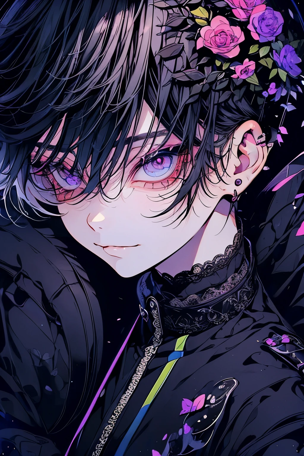 (Mastepiece), (Best Quality), Very detailed, 1 boy, Solo Shooting, Perfect Face, Beautiful Face, Very detailedな顔，(Black Hair:1.3)，(short hair:1.4)、(Big eyes:1.4)，(Long eyelashes:1.4)、(Dark Eyes:1.3)、Black clothes、Lots of flowers、petal、(smile:1.4)