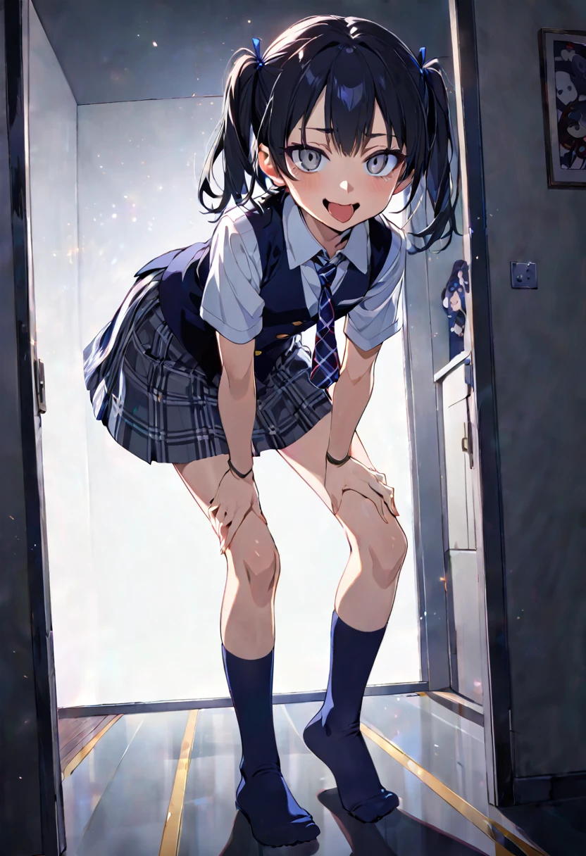 side view,eye-level shot,face focus,open mouth,tongue out,lick,(1girl,Beautiful 16 year old girl),((Slender,Small breasts,Baby Face,Small face,Thin legs)),looking at viewer,Black Hair,bangs,two side up,Gray Eyes,Drooping eyes,slit pupils,narrow eyes,,uniform,shirt,Checked tie,Checked mini skirt,Navy blue socks,Beautiful and detailed anime art,Mischievous smile,Dimly lit room,Simple Background,Gray background,Low lighting