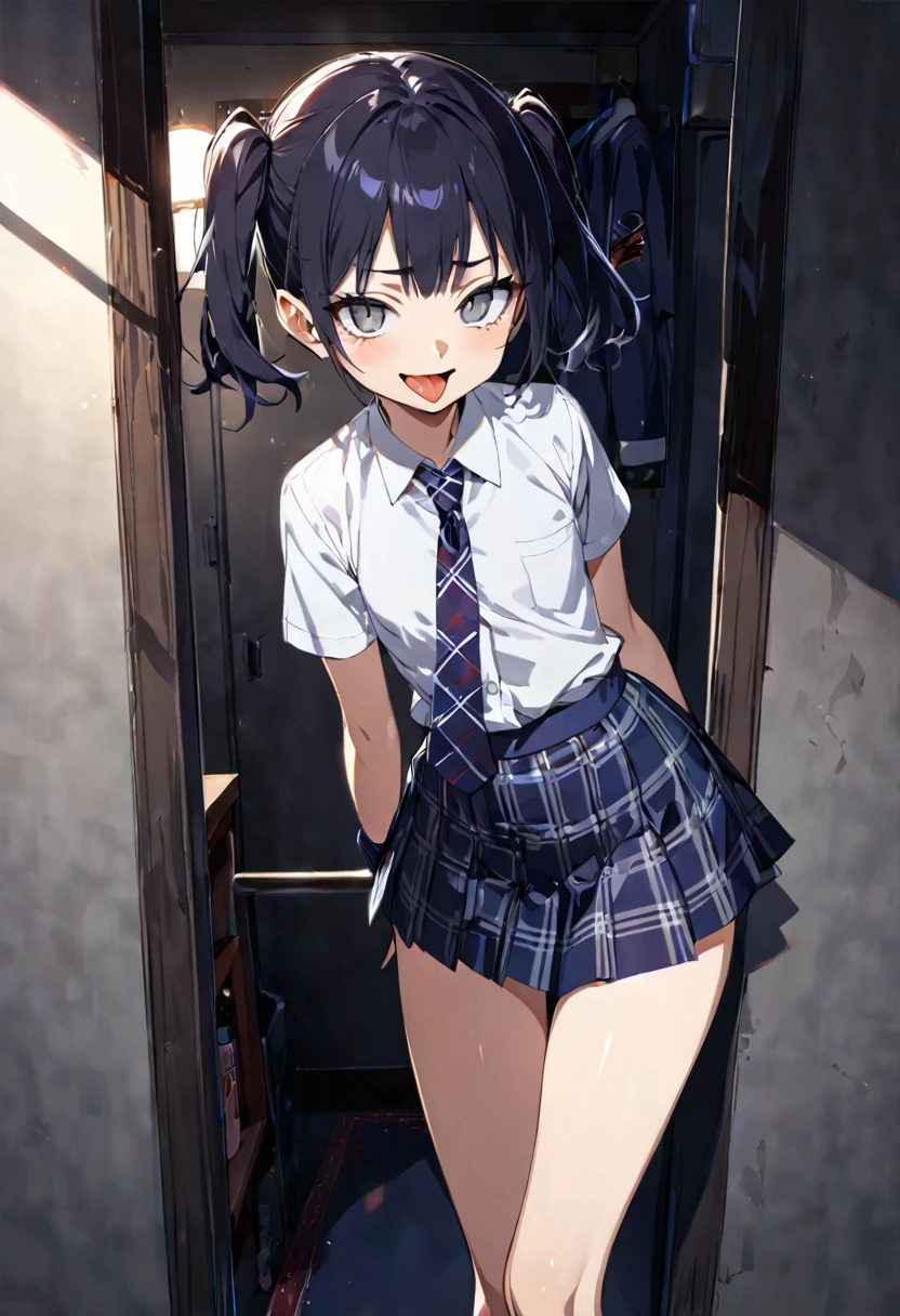 side view,eye-level shot,face focus,open mouth,tongue out,lick,(1girl,Beautiful 16 year old girl),((Slender,Small breasts,Baby Face,Small face,Thin legs)),looking at viewer,Black Hair,bangs,two side up,Gray Eyes,Drooping eyes,slit pupils,narrow eyes,,uniform,shirt,Checked tie,Checked mini skirt,Navy blue socks,Beautiful and detailed anime art,Mischievous smile,Dimly lit room,Simple Background,Gray background,Low lighting