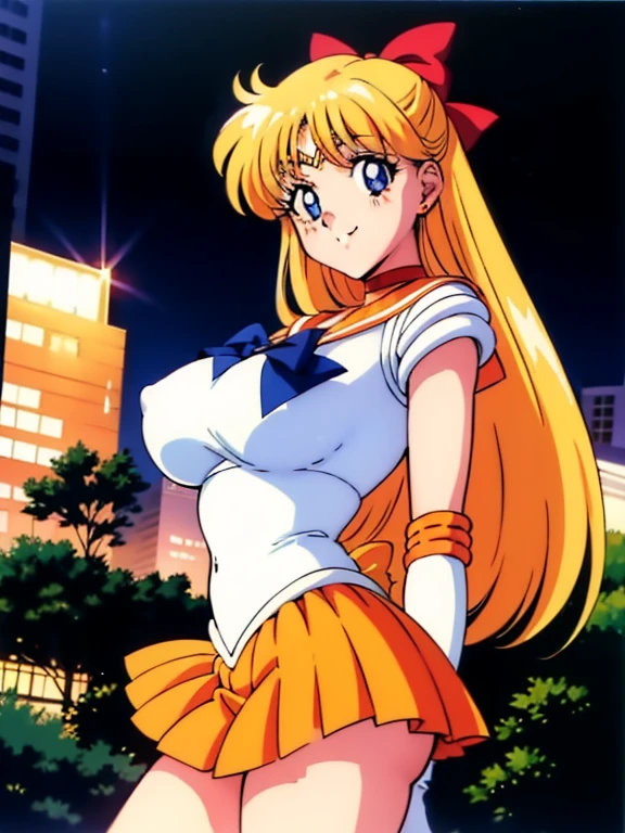 1990s \(style\), 1990s anime cels style, big eyes, Best Quality, High resolution, large breasts, sv1, sailor senshi uniform, orange skirt, elbow gloves, tiara, pleated skirt, orange sailor collar, red bow, orange choker, white gloves, jewelry, smile, night
