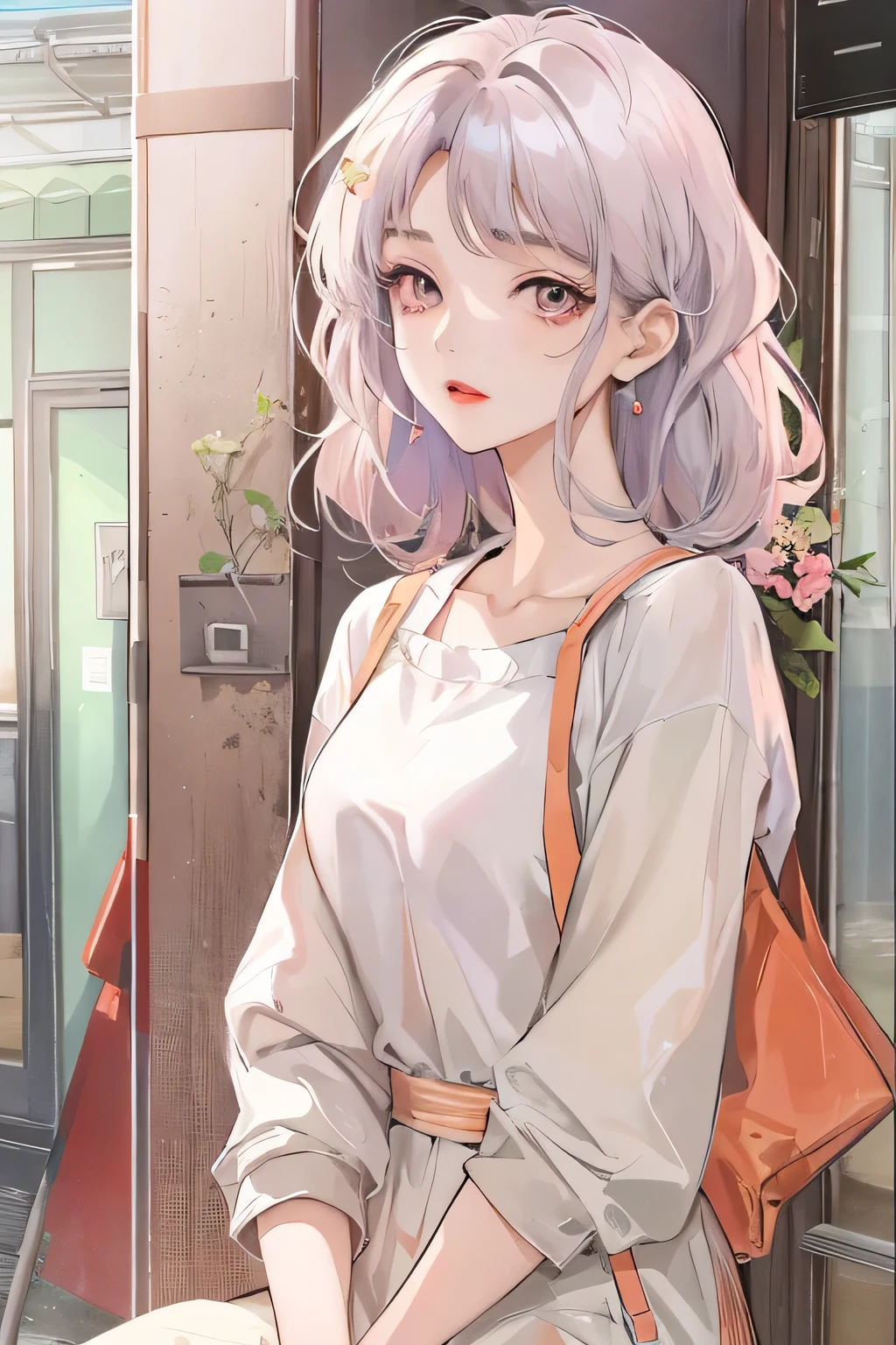 absurdity, masterpiece, Best quality, light colors, Korean webtoon girl with a pretty face , beautiful hair , drama character, anime eyes, semi-casual wear, фон masterpieceа, detailed background