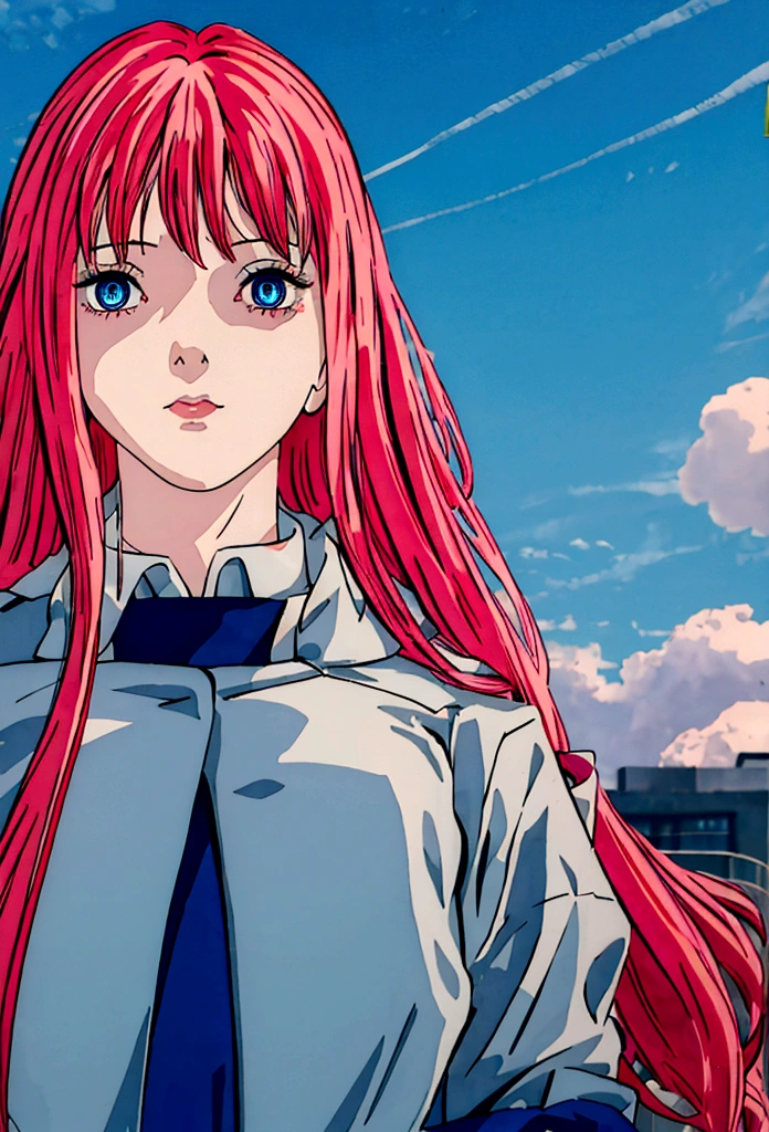 a girl with long pink hair,blue colored eyes