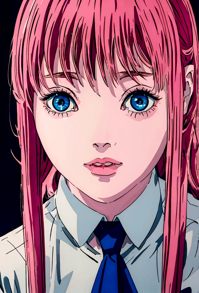 a girl with long pink hair,blue colored eyes