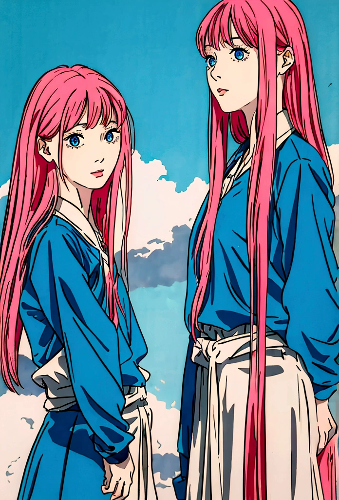a girl with long pink hair,blue colored eyes