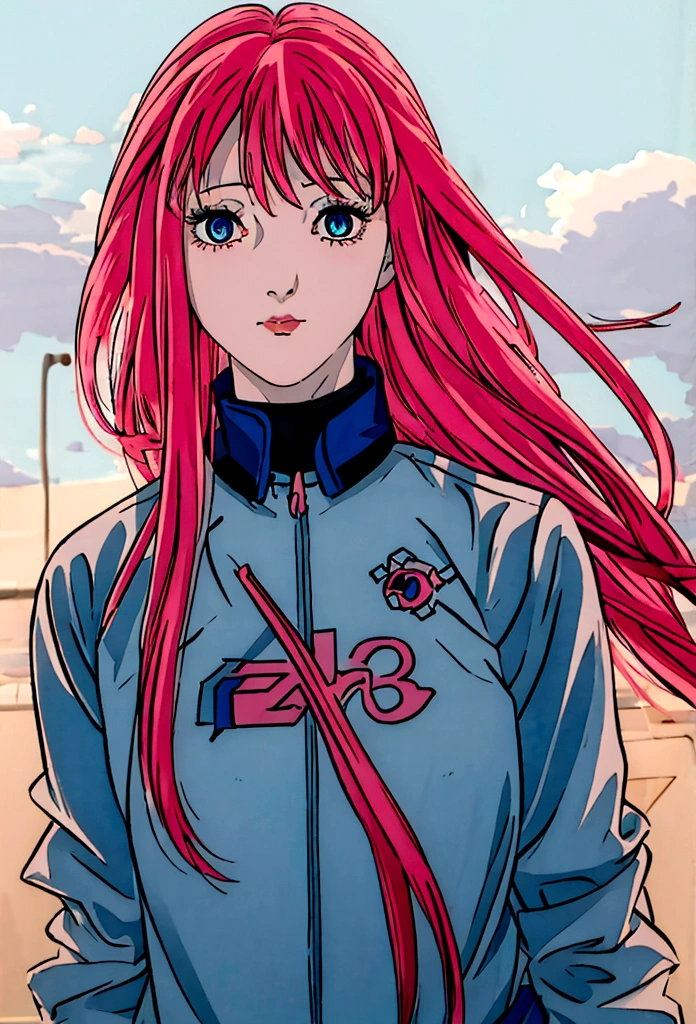 a girl with long pink hair,blue colored eyes