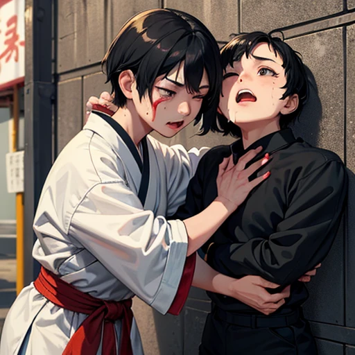 A young and cute Japanese street fighter。Cornered by the wall、Being punched multiple times by the other person。Short black hair。Sweating a lot。Covered in blood。One eye closed。shortness of breath。Drooling from the mouth。