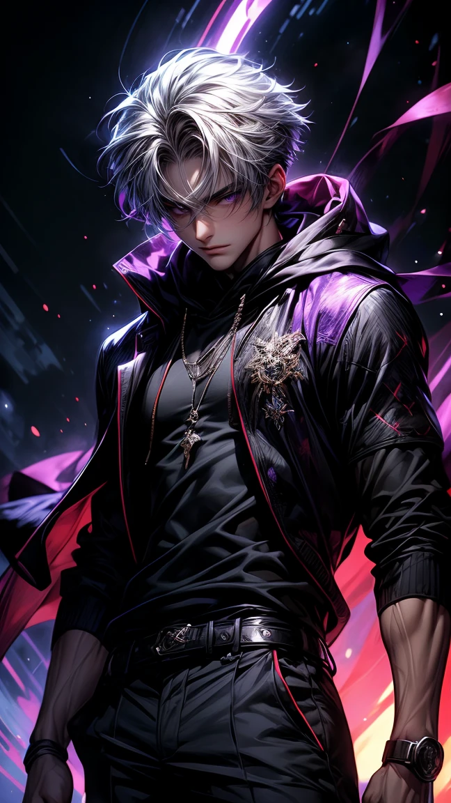 Masterpiece, best quality, high resolution, highly detailed, 1 young boy ( teenager ), very young handsome face, white hair ( light in the hair), purple eyes ( glowing eyes ), cold expression ( unhappy expression ), wearing a black hoodie, and black pants, black watch, surrounded by the splendors of the universe, pay attention to stunning details, and achieve a resolution of 128k, floating in a dynamic pose, high quality, with a majestic aura of authority.