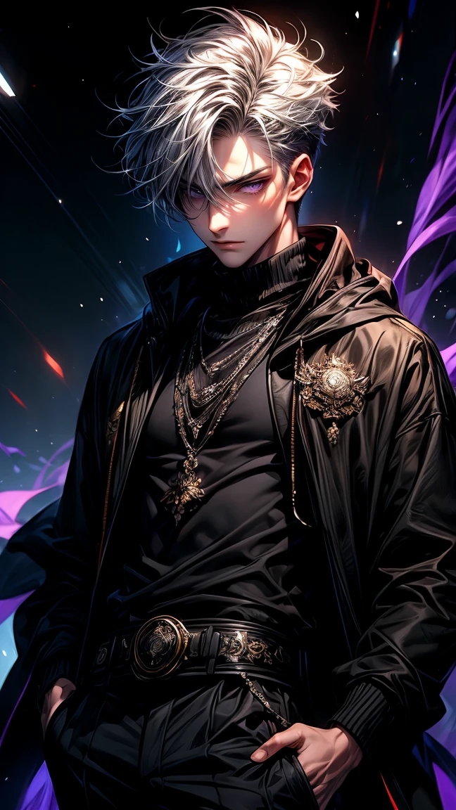 Masterpiece, best quality, high resolution, highly detailed, handsome face, good looking face, ethereal appearance, 1 young boy ( teenager ), very young handsome face, white hair ( light in the hair), purple eyes ( glowing eyes ), cold expression ( unhappy expression ), wearing a black hoodie, and black pants, black watch, surrounded by the splendors of the universe, sitting on the floor beside a bed in a majestic room, pay attention to stunning details, and achieve a resolution of 128k, floating in a dynamic pose, high quality, with a majestic aura of authority.