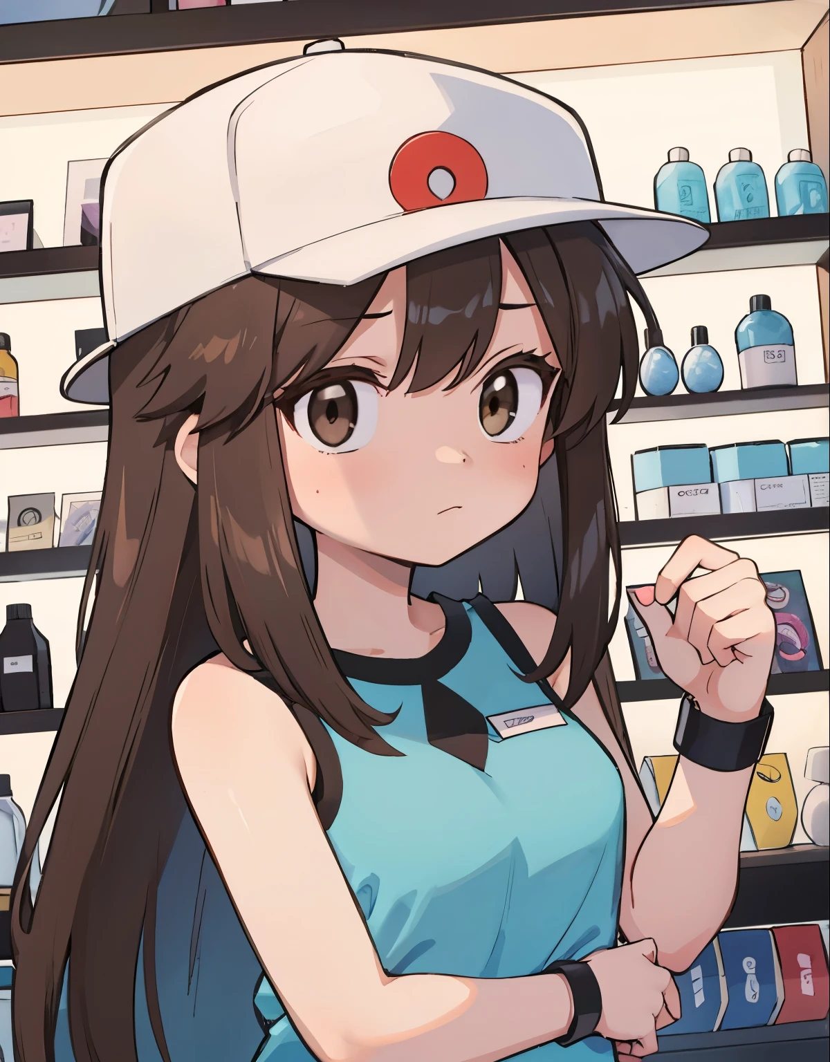 a girl inside a sex shop, She looks with sadness at the products that are on display., His gaze reflects shame and curiosity, trainerleaf1, sleeveless shirt, black wristbands, brown eyes, white hat, lookin at viewer,