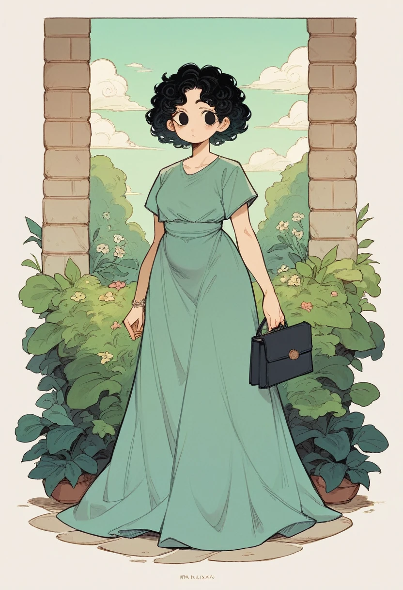 alone, 1 woman 40 years old, mulatto, chubby, Slim waist wide hips, black eyes, Round face, short black curly hair , wearing long gown, with side bag ,notebook in arms, garden background