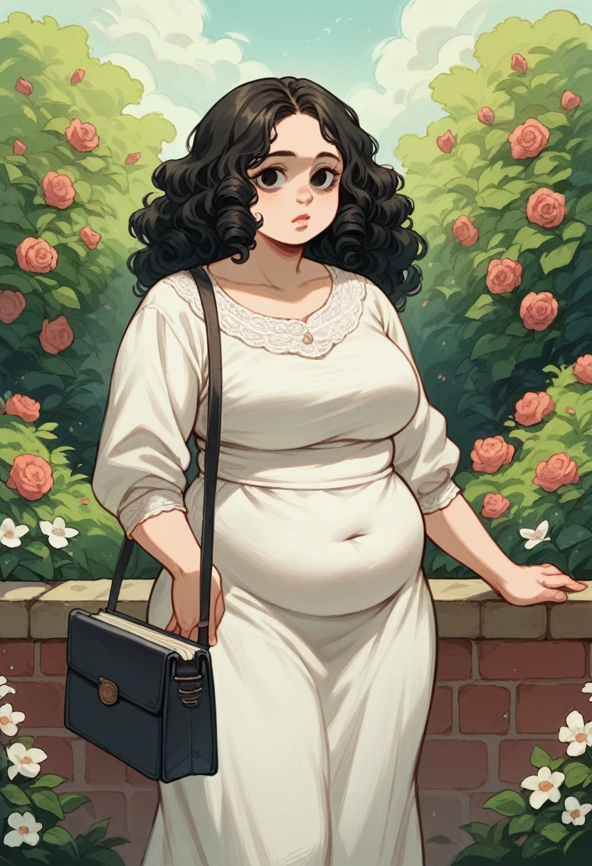 alone, 1 woman 40 years old, mulatto, chubby, Slim waist wide hips, black eyes, Round face, short black curly hair , wearing long gown, with side bag ,notebook in arms, garden background