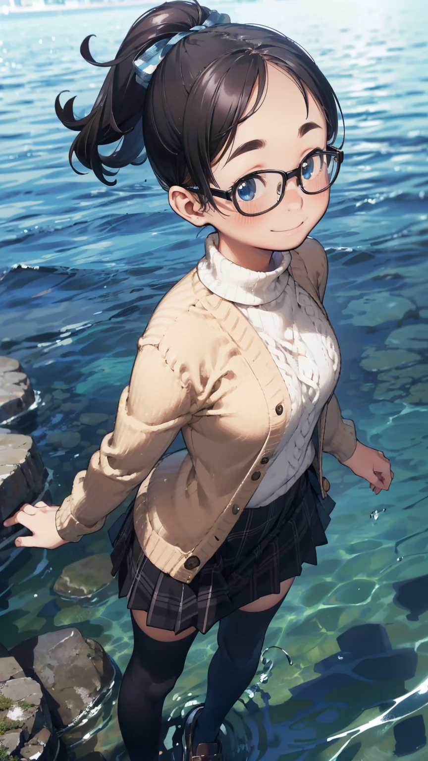 8K quality,(super masterpiece:1.3),Highest quality,Detailed Images,1 female,symmetrical beauty,20th Generation,Medium build,(smile,smile),(Black Hair,Curly Hair,High Ponytail,Big hair ribbon),(Thick eyebrows,Thick eyebrows),(Droopy eyes,blue eyes,Blue Eyes,Bright Eyes),(Thin glasses,Thin-rimmed glasses,Small glasses),(Large Breasts,F cupの胸),Tan Skin,(cardigan,Turtleneck sweater,Checkered Skirt,Long tights,Brown shoes),Draw the whole body,Standing posture,(background:Lakeside,Walking on Water,My body is floating with magic),(Face directly towards the camera,Looking directly at the viewer,looking at the camera,The body faces the viewer,The body is facing the direction of the camera,Face looking straight into the camera).