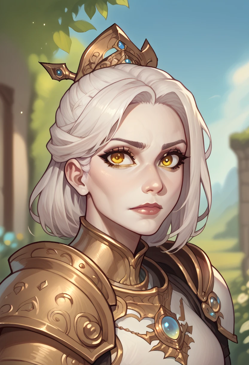 (((beautiful, high quality))), portrait, score_9, score_8_up, score_7_up, 1girl, yellow eyes, white skin, white hair, armor, fantasy background, blurred background
