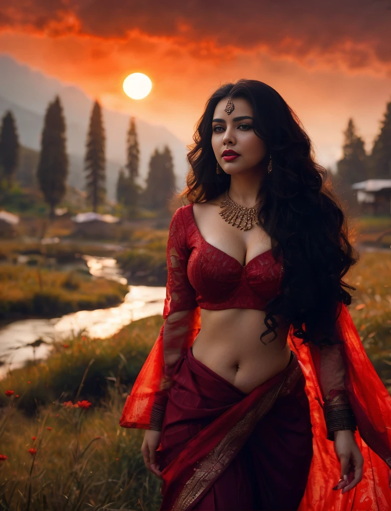 traditional beauty, very seductive pose, with beautiful exotic, stunning woman, attractive girl, gorgeous lady, curvy, busty, seductive, appealing, deep sweetheart neckline top, low waist lehenga, ((gorgeous symmetrical face)), (huge bulged busts), ((big busts)), ((deep cleavage)), shy, (navel pin and a chain around her waist), black hair, highly detailed, intricate detailed, red lipstick, curvy tilted waist, ((milky deep rounded navel)), facing the camera, exposed low waist, symmetrical, perfect composition, sharp focus, octane render, sophisticated, sharp edges, ultra detailed