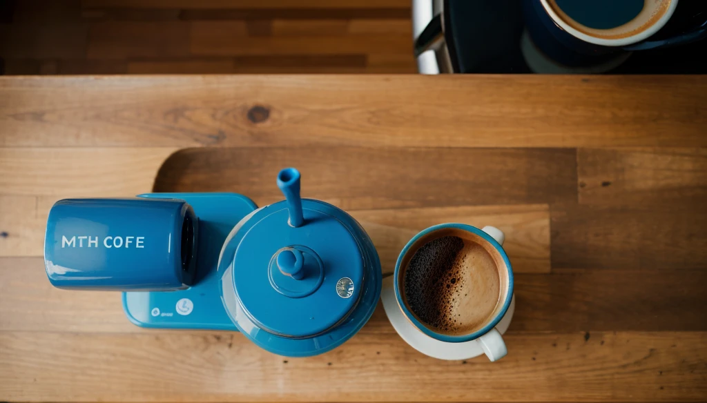 A blue coffee pot and a cup of hot coffee seen from above, background azul marinho, work of art, 8K, high resolution