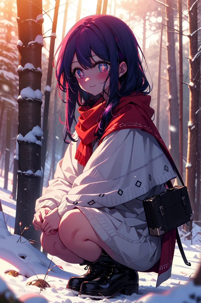 aihoshino, Ai Hoshino, Long Hair, bangs, (Purple eyes:1.1), Purple Hair, (Symbol-shaped pupil:1.5), smile,,smile,blush,White Breath,
Open your mouth,snow,Ground bonfire, Outdoor, boots, snowing, From the side, wood, suitcase, Cape, Blurred, , forest, White handbag, nature,  Squat, Mouth closed, Cape, winter, Written boundary depth, Black shoes, red Cape break looking at viewer, Upper Body, whole body, break Outdoor, forest, nature, break (masterpiece:1.2), Highest quality, High resolution, unity 8k wallpaper, (shape:0.8), (Beautiful and beautiful eyes:1.6), Highly detailed face, Perfect lighting, Extremely detailed CG, (Perfect hands, Perfect Anatomy),