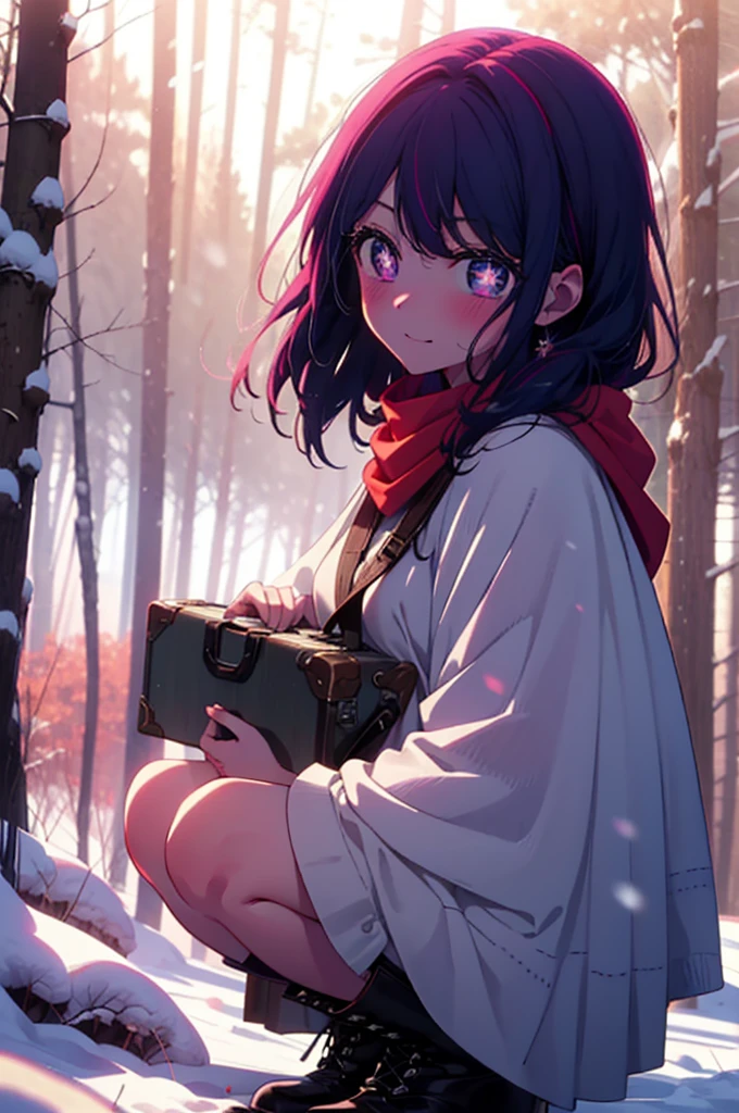 aihoshino, Ai Hoshino, Long Hair, bangs, (Purple eyes:1.1), Purple Hair, (Symbol-shaped pupil:1.5), smile,,smile,blush,White Breath,
Open your mouth,snow,Ground bonfire, Outdoor, boots, snowing, From the side, wood, suitcase, Cape, Blurred, , forest, White handbag, nature,  Squat, Mouth closed, Cape, winter, Written boundary depth, Black shoes, red Cape break looking at viewer, Upper Body, whole body, break Outdoor, forest, nature, break (masterpiece:1.2), Highest quality, High resolution, unity 8k wallpaper, (shape:0.8), (Beautiful and beautiful eyes:1.6), Highly detailed face, Perfect lighting, Extremely detailed CG, (Perfect hands, Perfect Anatomy),