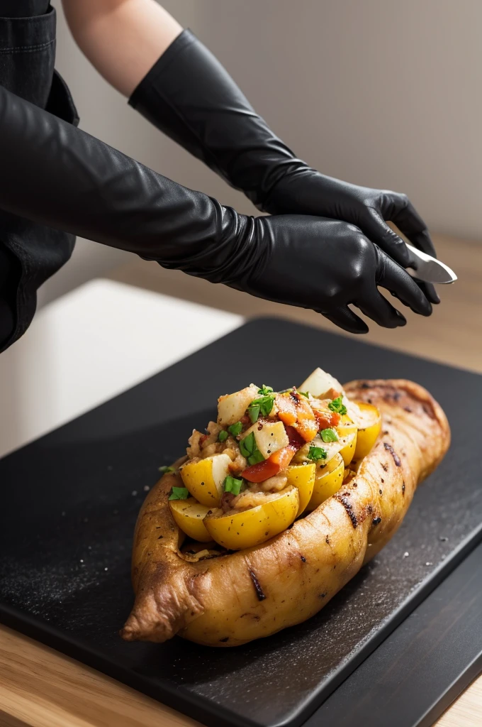 I would like an image of a delicious stuffed potato being seasoned on a cutting board with a black bottom and being seasoned with a hand wearing black gloves with my brand STUFFED POTATO DO CHEFF