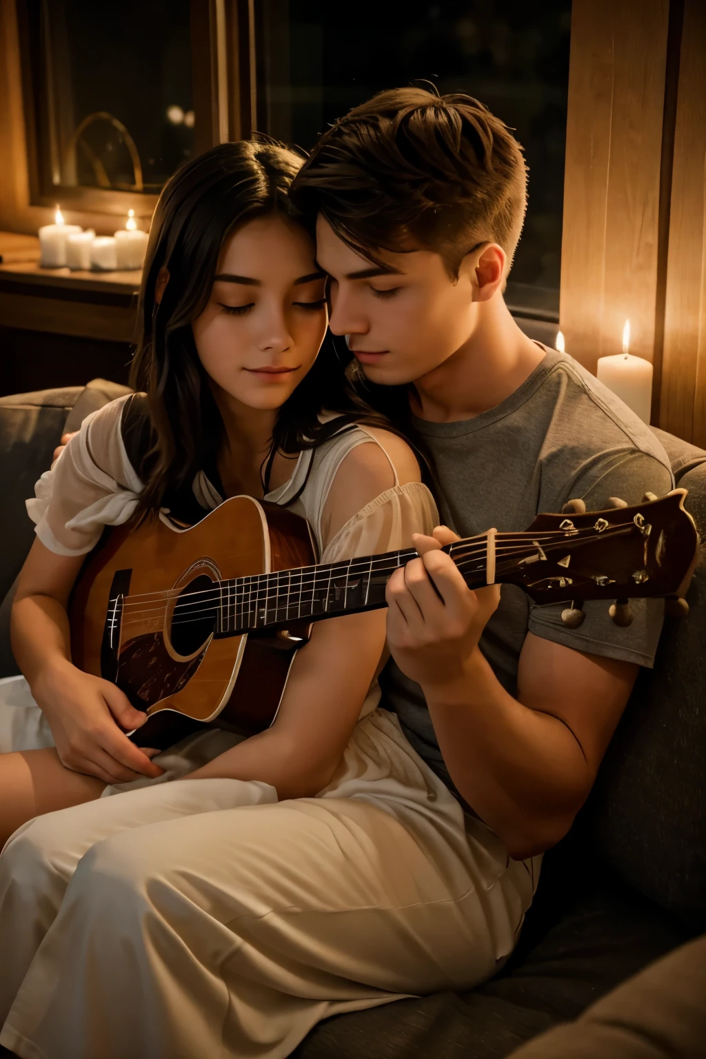 A young man with the guitar is sitting on a cozy couch, his cute girlfriend snuggled up beside him. She's gazing up at him with adoration, her eyes shining with love and admiration. He's strumming a gentle melody, his fingers deftly pressing the strings, and his eyes are locked on hers, filled with warmth and affection. The room is dimly lit, with soft candlelight casting a warm glow, and the atmosphere is peaceful and intimate