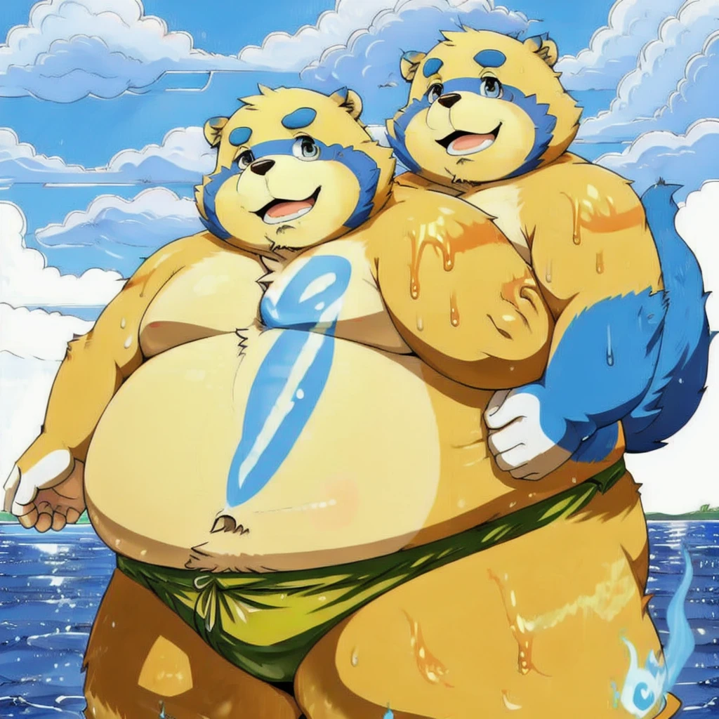 (masterpiece, best quality:1.2), Namtaro，Blue flame，hairy，Tanuki，Greasy uncle，obesity