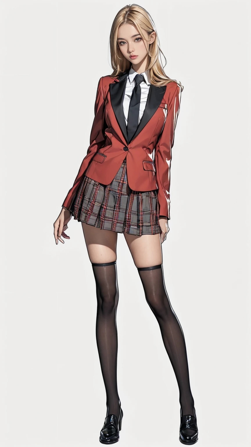 ((best quality,4k,highres,masterpiece:1.2)),((character concept art)), 1 female, teenage female, 15-year-old Asian beauty queen, ((blonde shoulder-length hair)), bleached hair, (tan skin colour), ultra finely detailed eyes (brown eyes colour), confident, beautiful, , slim body build, ((intricate detail)), super finely detailed hands, ultra finely detailed fingers(((ten fingers))), wearing red velvet school blazer over white long sleeves school shirt with loosened necktie, plaid mini school skirt, black stocking, and black school loafers, (standing provocatively), (full body showcase), (show full body), (no logos on background), (no logo), ((plain background)), ((plain background)), (((empty background)))