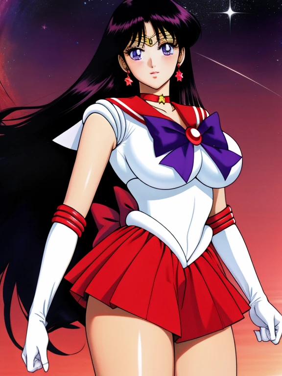 hino_rei, huge_breasts, standing, solo, White_leotard_Red_sailor_collar_Red_miniskirt_White_gloves_Red_High_heels_Red_choker_Purple_bowtie_Red_back_bow_Circlet_Red_brooch_Short_sleeves, starry_sky,, masterpiece, best quality, detailed face, detailed eyes, highres,