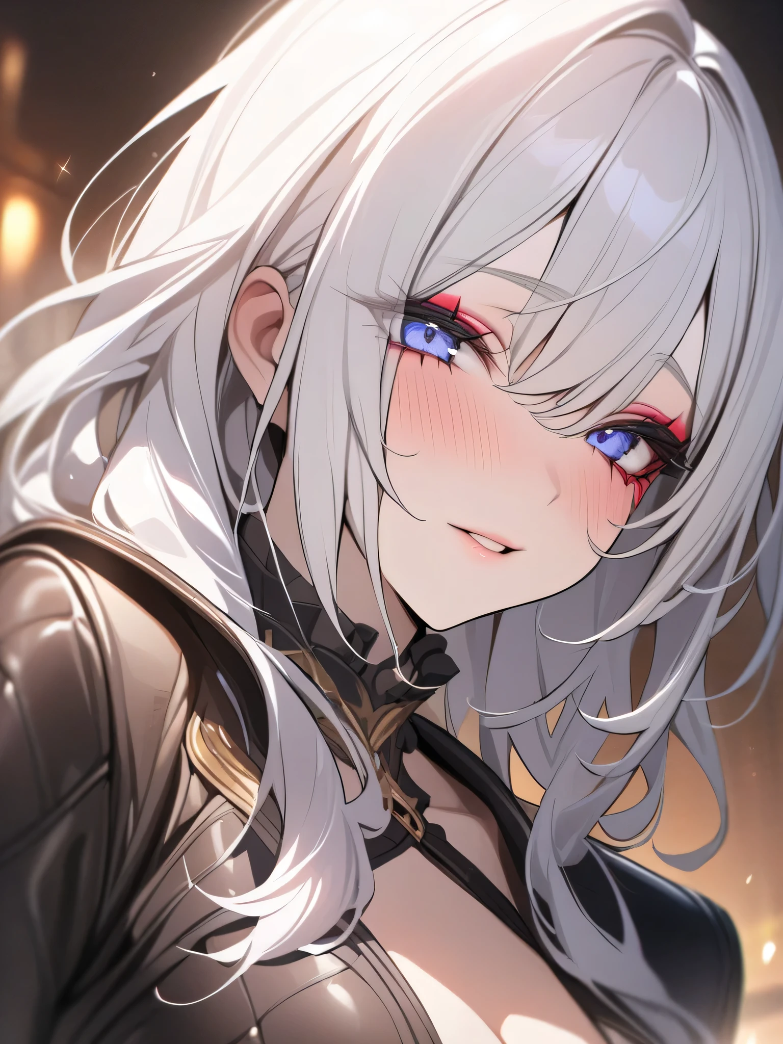 (masterpiece, Best quality:1.2), 1 girl, Single, leather details, beautiful facial features, Exquisite makeup, exquisite eyes, Eye details, hair, flicker