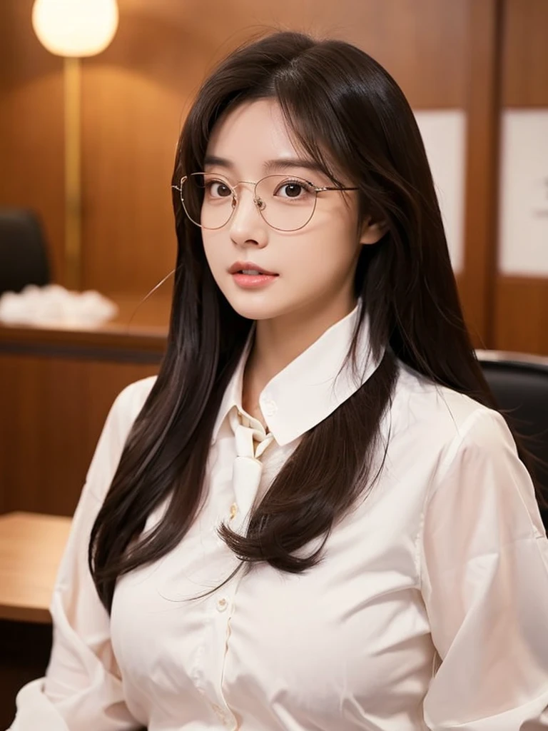Han Julie is a young Korean woman in her 27s. Her hair is long in a dark color.
Her face is oval and marked by her large brown eyes, which carry a cold, unexpressive face. Her skin is radiant and clear, presenting an impeccable state of health and her curved lips.
Her height is medium, her body athletic and defined, with the most charming and provocative. It contrasts and matches their personalities.
She is in her office at the company in the night, wearing a pair of glasses with white shirt with loose tie while undoing her sitting