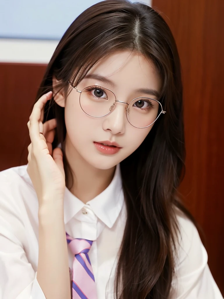 Han Julie is a young Korean woman in her 27s. Her hair is long in a dark color.
Her face is oval and marked by her large brown eyes, which carry a cold, unexpressive face. Her skin is radiant and clear, presenting an impeccable state of health and her curved lips.
Her height is medium, her body athletic and defined, with the most charming and provocative. It contrasts and matches their personalities.
She is in her office at the company in the night, wearing a pair of glasses with white shirt with loose tie while undoing her sitting